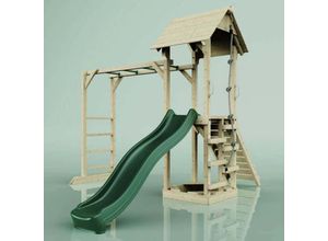 4251771250804 - Polarplay - Rebo Klettergerüst aus Holz mit Wellenrutsche Outdoor Spielturm mit Hangelstangen Plattform und Kletterseil- Smaragdgrün - Grün