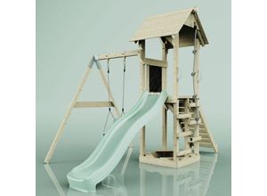 4251771251276 - Rebo Spielturm mit Wellenrutsche und Kinder-Schaukel Outdoor Klettergerüst Garten Kletterseil und Kletterleiter Ausführung Babyschaukel Farbe