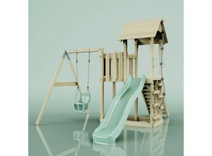 4251771252839 - Rebo Spielturm mit Wellenrutsche und Kinder-Schaukel Outdoor Klettergerüst Garten mit Plattform Kletterseil und Kletterleiter Ausführung