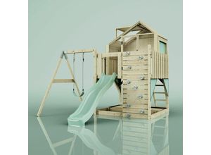 4251771253348 - Rebo Spielturm mit Spielhaus inkl Wellenrutsche und Kinder-Schaukel Outdoor Klettergerüst Garten Ausführung Kinderschaukel Farbe Mintgrün - Grün