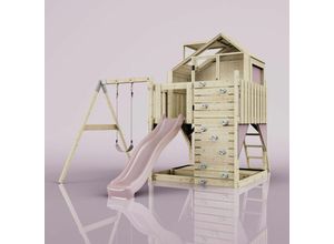 4251771253355 - Rebo Spielturm mit Spielhaus inkl Wellenrutsche und Kinder-Schaukel Outdoor Klettergerüst Garten Ausführung Kinderschaukel Farbe Altrosa - Rosa