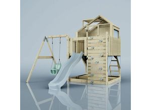 4251771253362 - Rebo Spielturm mit Spielhaus inkl Wellenrutsche und Kinder-Schaukel Outdoor Klettergerüst Garten Ausführung Babyschaukel Farbe Eisblau - Blau