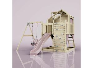 4251771253386 - Rebo Spielturm mit Spielhaus inkl Wellenrutsche und Kinder-Schaukel Outdoor Klettergerüst Garten Ausführung Babyschaukel Farbe Altrosa - Rosa