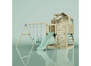 4251771253553 - Rebo Spielturm mit Spielhaus inkl Wellenrutsche und 2x Kinder-Schaukel Outdoor Klettergerüst Garten Ausführung Babyschaukel Farbe Mintgrün - Grün