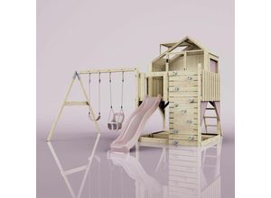 4251771253560 - Rebo Spielturm mit Spielhaus inkl Wellenrutsche und 2x Kinder-Schaukel Outdoor Klettergerüst Garten Ausführung Babyschaukel Farbe Altrosa - Rosa