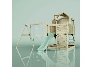 4251771253584 - Rebo Spielturm mit Spielhaus inkl Wellenrutsche und 2x Kinder-Schaukel Outdoor Klettergerüst Garten Ausführung Trapezstange Farbe Mintgrün - Grün