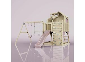 4251771253591 - Rebo Spielturm mit Spielhaus inkl Wellenrutsche und 2x Kinder-Schaukel Outdoor Klettergerüst Garten Ausführung Trapezstange Farbe Altrosa - Rosa