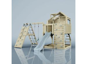 4251771253690 - Polarplay - Rebo Outdoor Spielturm mit Wellenrutsche Spielhaus aus Holz mit Kletterwand Kletternetz Ausführung Kinderschaukel Farbe Eisblau