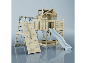 4251771253706 - Polarplay - Rebo Outdoor Spielturm mit Wellenrutsche Spielhaus aus Holz mit Kletterwand Kletternetz Ausführung Kinderschaukel Farbe Mintgrün