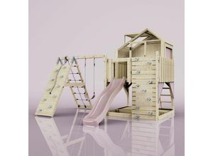 4251771253713 - Polarplay - Rebo Outdoor Spielturm mit Wellenrutsche Spielhaus aus Holz mit Kletterwand Kletternetz Ausführung Kinderschaukel Farbe Altrosa