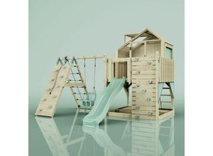 4251771253737 - Polarplay - Rebo Outdoor Spielturm mit Wellenrutsche Spielhaus aus Holz mit Kletterwand Kletternetz Ausführung Babyschaukel Farbe Mintgrün - Grün