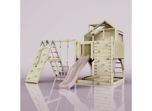 4251771253744 - Polarplay - Rebo Outdoor Spielturm mit Wellenrutsche Spielhaus aus Holz mit Kletterwand Kletternetz Ausführung Babyschaukel Farbe Altrosa - Rosa