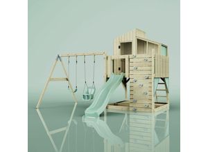 4251771254093 - Rebo Spielturm mit Spielhaus mit Wellenrutsche Outdoor Klettergerüst Garten Kletterwand und Kletterleiter Ausführung Babyschaukel Farbe Mintgrün