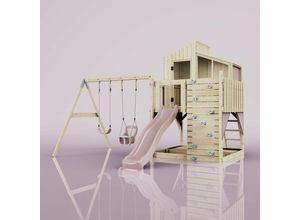 4251771254109 - Rebo Spielturm mit Spielhaus mit Wellenrutsche Outdoor Klettergerüst Garten Kletterwand und Kletterleiter Ausführung Babyschaukel Farbe Altrosa