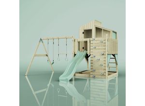 4251771254123 - Rebo Spielturm mit Spielhaus mit Wellenrutsche Outdoor Klettergerüst Garten Kletterwand und Kletterleiter Ausführung Trapezstange Farbe Mintgrün