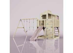 4251771254130 - Rebo Spielturm mit Spielhaus mit Wellenrutsche Outdoor Klettergerüst Garten Kletterwand und Kletterleiter Ausführung Trapezstange Farbe Altrosa