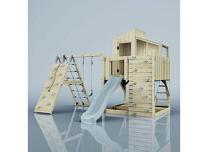 4251771254239 - Rebo Outdoor Spielturm mit Wellenrutsche Spielhaus aus Holz mit Kinderschaukel Kletterwand Kletternetz Ausführung Kinderschaukel Farbe Eisblau