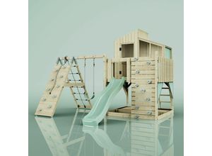 4251771254246 - Rebo Outdoor Spielturm mit Wellenrutsche Spielhaus aus Holz mit Kinderschaukel Kletterwand Kletternetz Ausführung Kinderschaukel Farbe Mintgrün