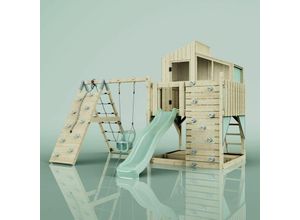 4251771254277 - Rebo Outdoor Spielturm mit Wellenrutsche Spielhaus aus Holz mit Kinderschaukel Kletterwand Kletternetz Ausführung Babyschaukel Farbe Mintgrün