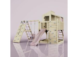 4251771254284 - Rebo Outdoor Spielturm mit Wellenrutsche Spielhaus aus Holz mit Kinderschaukel Kletterwand Kletternetz Ausführung Babyschaukel Farbe Altrosa