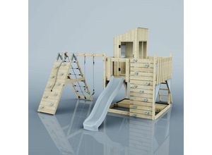 4251771255311 - Rebo Spielturm mit Wellenrutsche aus Holz Outdoor Klettergerüst mit Kinderschaukel Kletterwand Plattform und Spielhaus - Kinderschaukel Eisblau