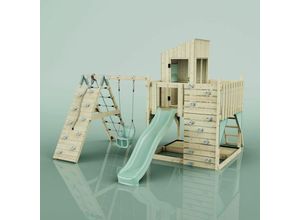 4251771255359 - Rebo Spielturm mit Wellenrutsche aus Holz Outdoor Klettergerüst mit Kinderschaukel Kletterwand Plattform und Spielhaus - Babyschaukel Mintgrün