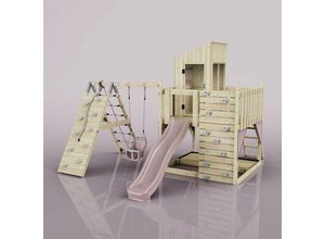 4251771255366 - Rebo Spielturm mit Wellenrutsche aus Holz Outdoor Klettergerüst mit Kinderschaukel Kletterwand Plattform und Spielhaus - Babyschaukel Altrosa