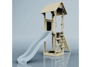 4251771260988 - Polarplay - Rebo Spielturm aus Holz mit Wellenrutsche Outdoor Klettergerüst mit Plattform und Kleterseil- Eisblau - Blau