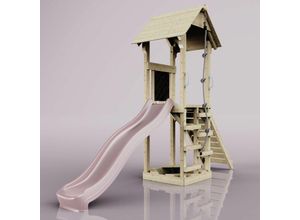 4251771261008 - Rebo Spielturm aus Holz mit Wellenrutsche Outdoor Klettergerüst mit Plattform und Kleterseil- Altrosa - Rosa