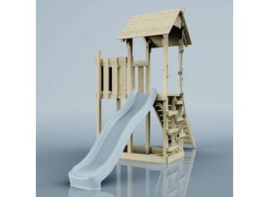 4251771261077 - Polarplay - Rebo Spielturm aus Holz mit Wellenrutsche Outdoor Klettergerüst mit Plattform und Kleterseil- Eisblau - Blau