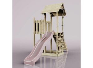 4251771261091 - Polarplay - Rebo Spielturm aus Holz mit Wellenrutsche Outdoor Klettergerüst mit Plattform und Kleterseil- Altrosa - Rosa