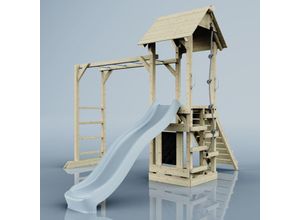 4251771261169 - Polarplay - Rebo Klettergerüst aus Holz mit Wellenrutsche Outdoor Spielturm mit Hangelstangen Plattform und Kletterseil- Eisblau - Blau