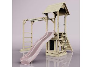 4251771261183 - Polarplay - Rebo Klettergerüst aus Holz mit Wellenrutsche Outdoor Spielturm mit Hangelstangen Plattform und Kletterseil- Altrosa - Rosa