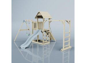 4251771261190 - Polarplay - Rebo Klettergerüst aus Holz mit Wellenrutsche Outdoor Spielturm mit Kinderschaukel Hangelstangen Plattform und Kletterseil- Eisblau