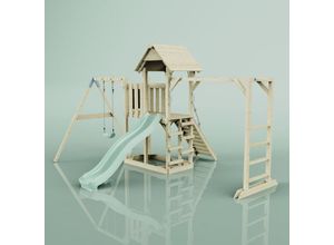 4251771261206 - Rebo Klettergerüst aus Holz mit Wellenrutsche Outdoor Spielturm mit Kinderschaukel Hangelstangen Plattform und Kletterseil- Mintgrün - Grün