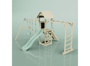 4251771261299 - Rebo Klettergerüst aus Holz mit Wellenrutsche Outdoor Spielturm mit Kinderschaukel Trapezstange Hangelstangen Plattform und Kletterseil