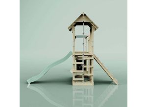 4251771261398 - Polarplay - Rebo Spielturm mit Wellenrutsche aus Holz Outdoor Klettergerüst mit Hangelstangen Plattform und Kletterseil- Altrosa - Rosa