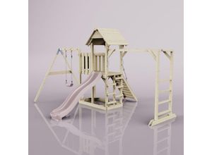 4251771261428 - Polarplay - Rebo Spielturm mit Wellenrutsche aus Holz Outdoor Klettergerüst mit Kinderschaukel Hangelstangen Plattform und Kletterseil- Altrosa