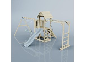 4251771261435 - Rebo Klettergerüst aus Holz mit Wellenrutsche Outdoor Spielturm mit Kinderschaukel Trapezstange Hangelstangen Plattform und Kletterseil