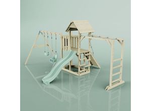 4251771261473 - Rebo Klettergerüst aus Holz mit Wellenrutsche Outdoor Spielturm mit Kinderschaukel Babyschaukel Hangelstangen Plattform und Kletterseil