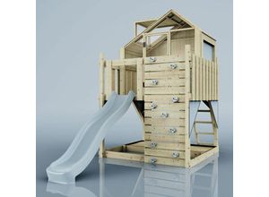 4251771262548 - Polarplay - Rebo Spielturm aus Holz mit Wellenrutsche Outdoor Klettergerüst mit Plattform Spielhaus Kletterwand Sandkasten und Kleterseil- Eisblau