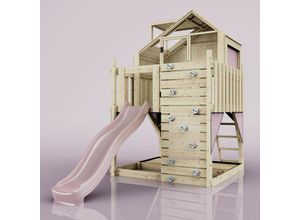 4251771262562 - Polarplay - Rebo Spielturm aus Holz mit Wellenrutsche Outdoor Klettergerüst mit Plattform Spielhaus Kletterwand Sandkasten und Kleterseil- Altrosa