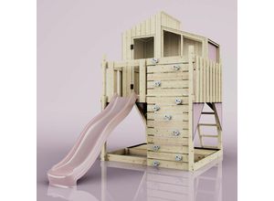 4251771262593 - Polarplay - Rebo Spielturm aus Holz mit Wellenrutsche Outdoor Klettergerüst mit Plattform Spielhaus Kletterwand Sandkasten und Kleterseil- Altrosa