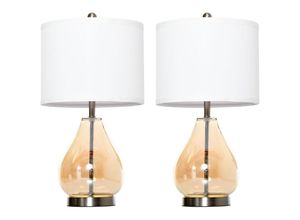 4251774902915 - Homcom - 2-Set Tischlampen Tischleuchten E27-Fassung Nachttischlampe 40 w Glas Leinen Stahl Bernstein Ø30 x 56H cm - Weiß+Silber+Bernstein