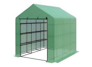 4251774934138 - Foliengewächshäus mit Regalböden grün 244L x 182B x 213H cm treibhaus mit regalböden begehbares gartenhäuschen