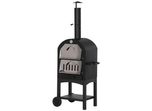 4251774942560 - 2-In-1 Pizzaofen mit Rollen Holzbackofen für BBQ Stahl Schwarz+Silber 63 x 54 x 161 cm