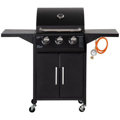 4251774947275 - Gasgrill BBQ mit 3 Brennern je 3 kw mobiler Grillwagen mit 4 Rädern Grillnetz Seitentischen Druckmin