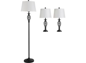 4251774968911 - Homcom - 3er-Lampenset 2 Tischlampe(ø38 x 158H cm) + 1 Stehlampe(ø30 x 62H cm) Metall ps Polyester Baumwolle Vintage Schwarz+Weiß - Schwarz+Weiß