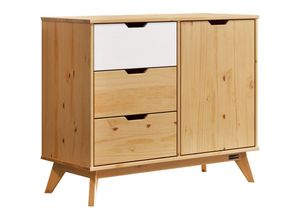 4251779110308 - Kommode mit 3 Schubladen Türe 2 Fächer fsc®- zertifiziert Massiv Holz 45kg Belastbar Kippsicher Wohnzimmer Flur Sideboard Anrichte Kiefer 96x79x40cm