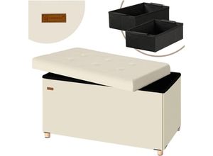 4251779135387 - Sitzbank mit Stauraum Samt inkl Boxen & Füßen Faltbar Sitzbank 300kg Belastbar 76cm Truhe Wohnzimmer Schlafzimmer Flur Truhenbank Bank Beige m